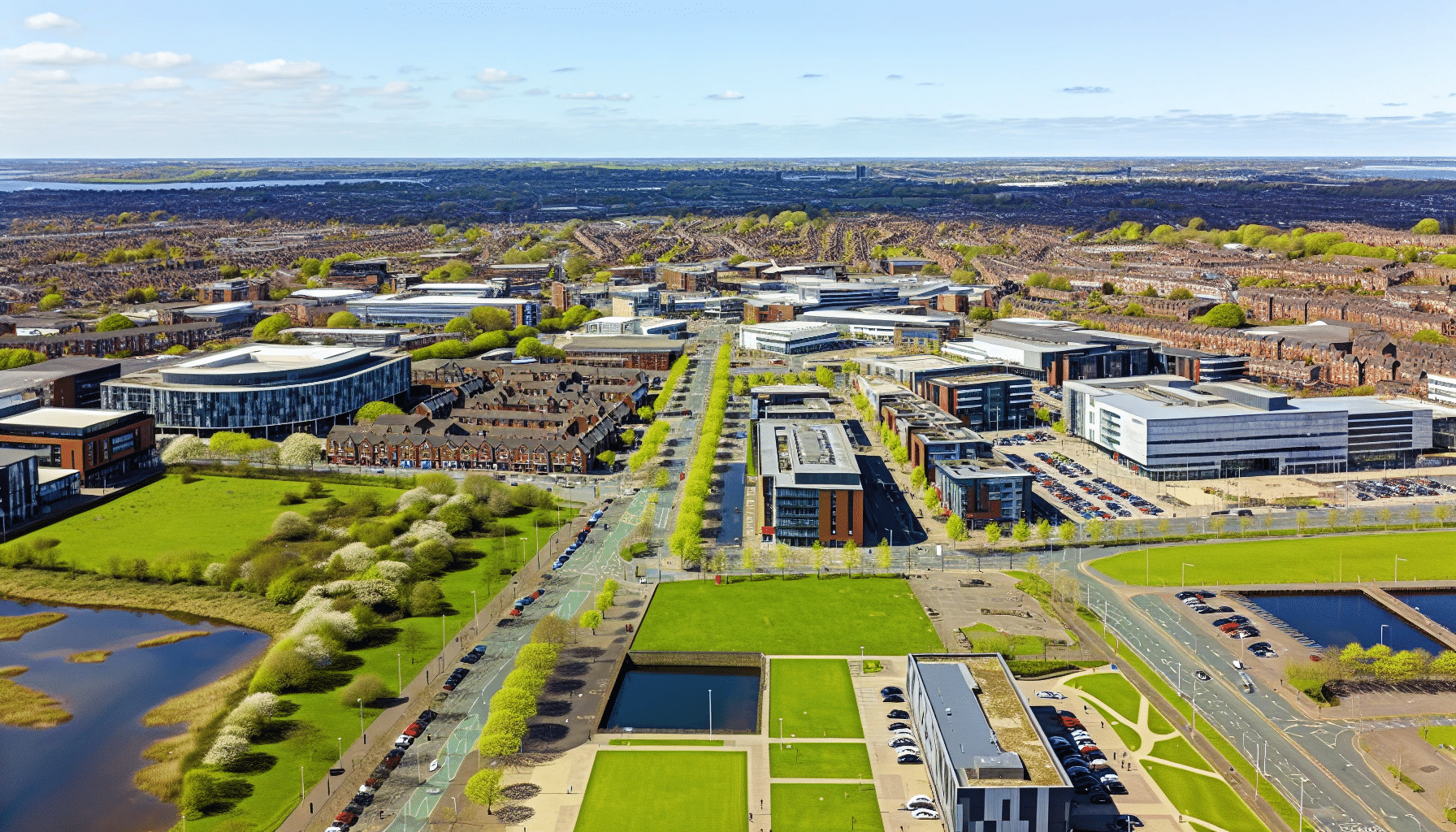 Aerial view of Wirral showing tech businesses and green spaces